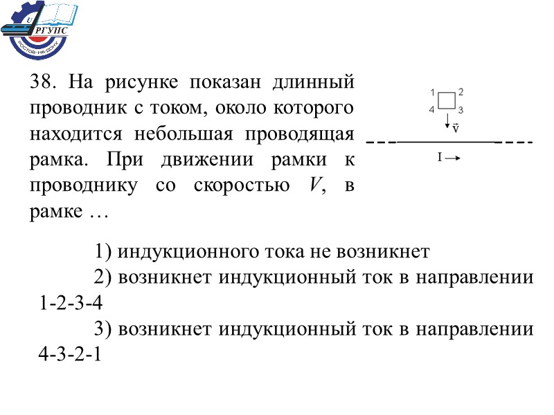 38. На рисунке показан длинный проводник с током, около которого находится небольшая проводящая рамка.